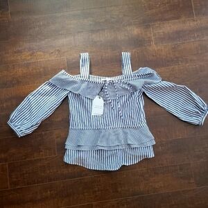 NEW English Factory striped cold shoulder top with layered ruffle detail